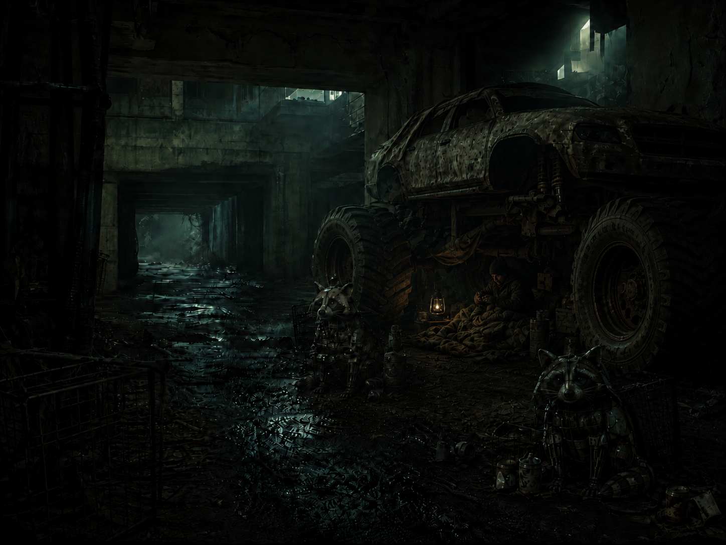Abandoned cars and rusted shopping carts beneath a cracked overpass