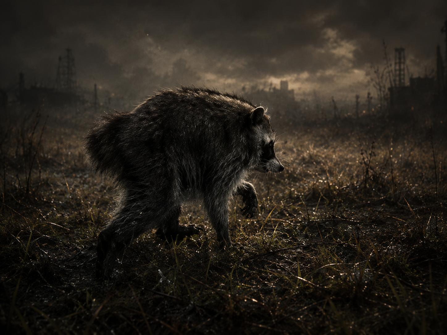 A twisted, misshapen raccoon idol among glowing eyes